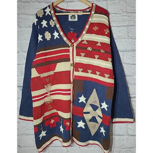 Storybook Knits Embellished Cardigan Sweater Women's 1X Blue Red Aztec Tribal